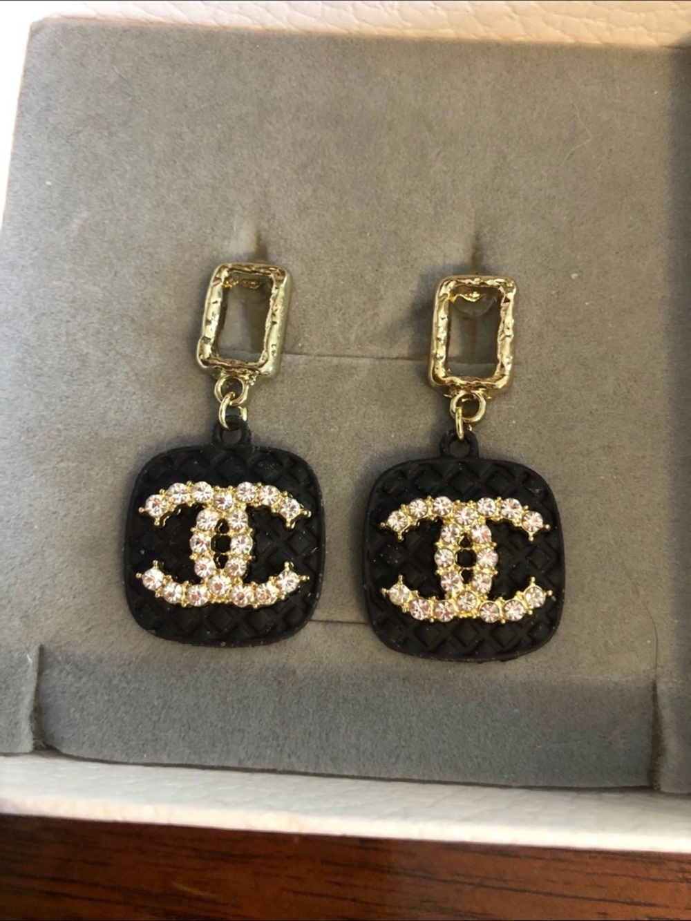 Stainless Steel Black and Clear Rhinestone Tag Dangle Fashion Earrings